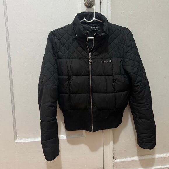 Y2K Bebe size medium black cropped puffer jacket missing fur Rhinestone logo - Picture 4 of 15